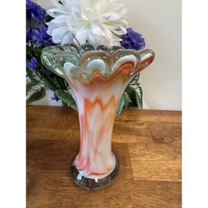 Vintage Murano-Style Hand-Blown Art Glass Ruffled‎ Vase Swirled White and Orange